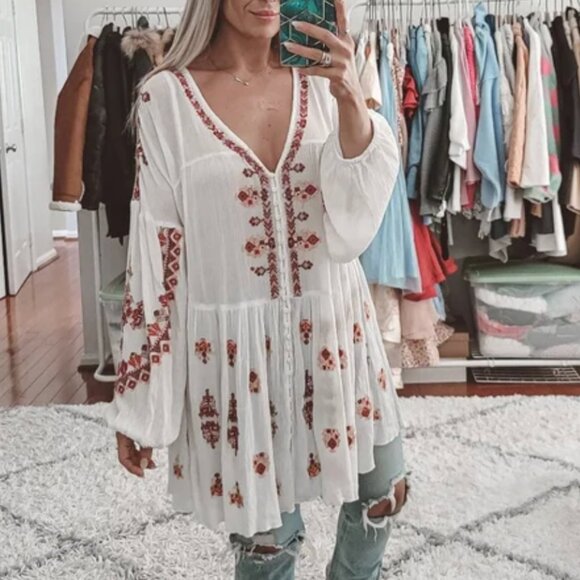 Free People Tops - Free People Ariana Embroidered Tunic L